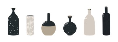 Dekoratif vazo ve şişe şekilleri. Ev dekorasyonu ve iç dizayn konsepti. Vektör illüstrasyonu