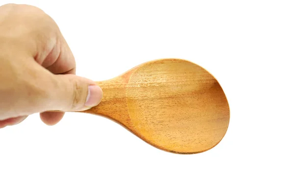 Wooden Spoon Hand Isolated White Background Clipping Path — Stock Photo, Image