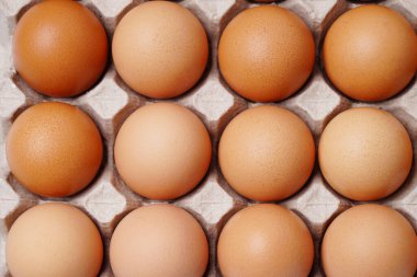 Arka planda yumurta kartonunda kahverengi tavuk yumurtası. kopyalama alanı. Doğal sağlıklı gıda ve organik tarım kavramı. Kutudaki yumurtalar