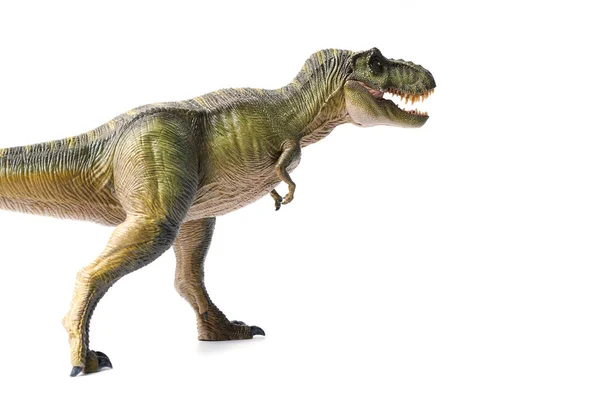 Tyrannosaurus Rex dinozorları beyaz arka planda yeşil oyuncak. Yakın çekim dinozor ve canavar modeli .