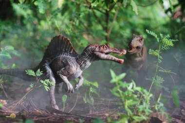 Spinosaurus dinozorları sisli bir ormanda Tyrannosaurus rex ile savaşıyor. Doğa geçmişi hakkında. Yakın çekim dinozor ve canavar modeli .
