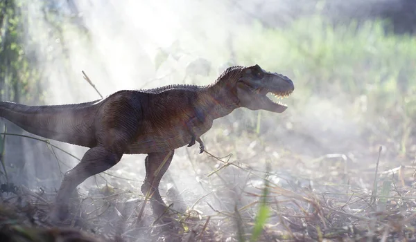 Tyrannosaurus rex dinosaurs toy stands in a fog-covered forest on nature background. closeup dinosaur and monster model .