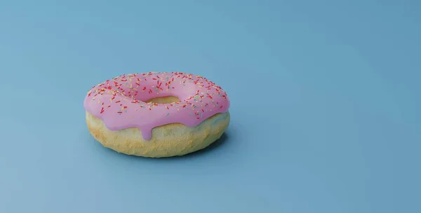 Köstliche Snack Illustration Rosa Glasierter Donut Mit Streusel Auf Blauem — Stockfoto