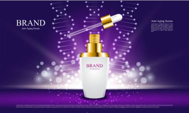 Soyut arka plan ve reklam amaçlı kozmetik ürün illüstrasyonu için ışıklandırma ile yaşlanma önleyici serum şişesi