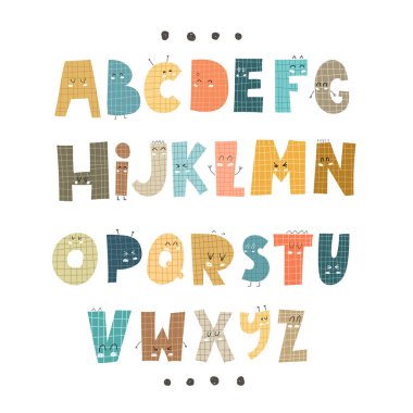 Sevimli renk alfabesi. Çocuklar için el çizimi yazı tipi. Düz izole vektör çizimi. tipografik posterler, afişler, kartlar için dizayn
