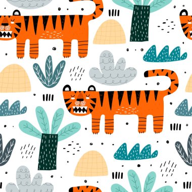 Çizgi film kaplanları, palmiye ağaçları ve dekor elementleriyle kusursuz desen. Çocuklar için renkli vektör düz stili. Hayvanlar. El çizimi. bebek tasarımı kumaş, baskı, ambalaj, tekstil