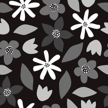 Çizgi film çiçekleri ve tarafsız bir arkaplanda dekor unsurları olan kusursuz bir yazı. Renkli vektör, el çizimi. kumaş, baskı, tekstil, ambalaj için tasarım