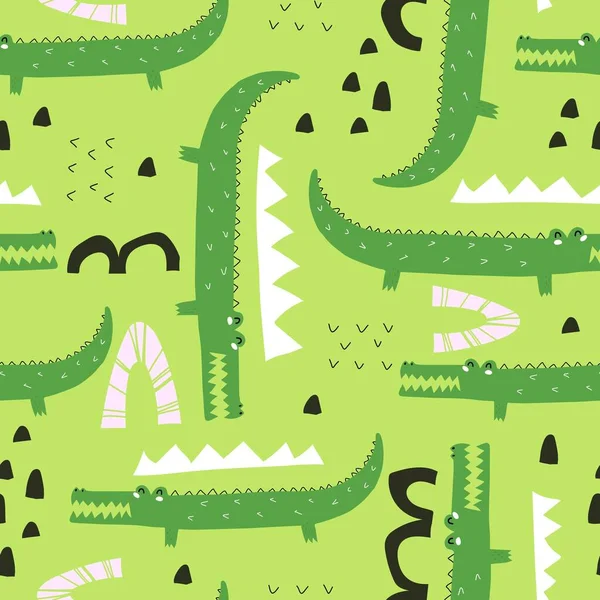 Seamless Pattern Cartoon Crocodiles Decor Elements Neutral Background Colorful Vector Stock Vector