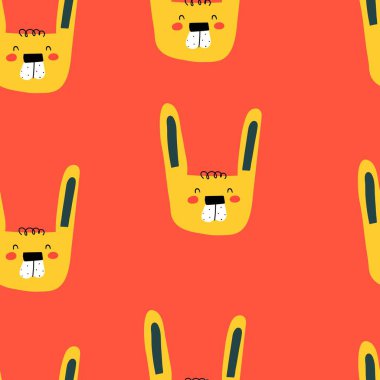 Tarafsız bir arka planda çizgi film tavşanı olan kusursuz bir desen. Çocuklar için renkli yaz vektörü. El çizimi, düz stil. Kumaş, baskı, tekstil, ambalaj için bebek tasarımı