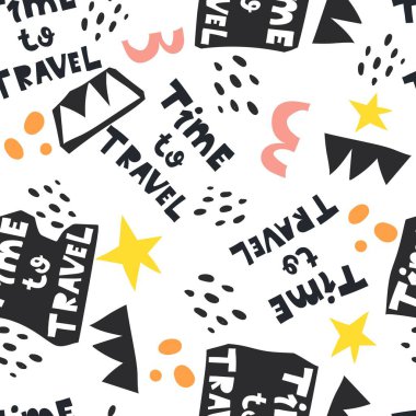 Kusursuz desenli, el çizimi harfleri, dekor elementleri. Seyahat zamanı. Renkli vektör, düz stil. Kumaş, tekstil, ambalaj, baskı için tasarım