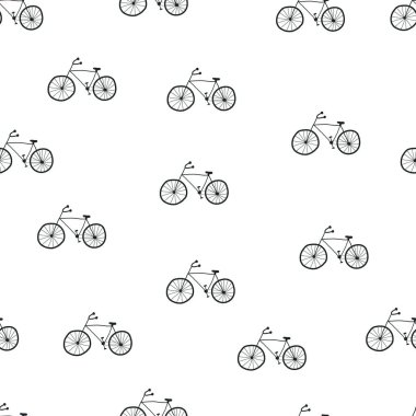Çizgi film bisikletleri ile kusursuz desen. Çocuklar için renkli bir vektör, düz stil. El çizimi. Kumaş, tekstil, baskı ve ambalaj için bebek tasarımı.