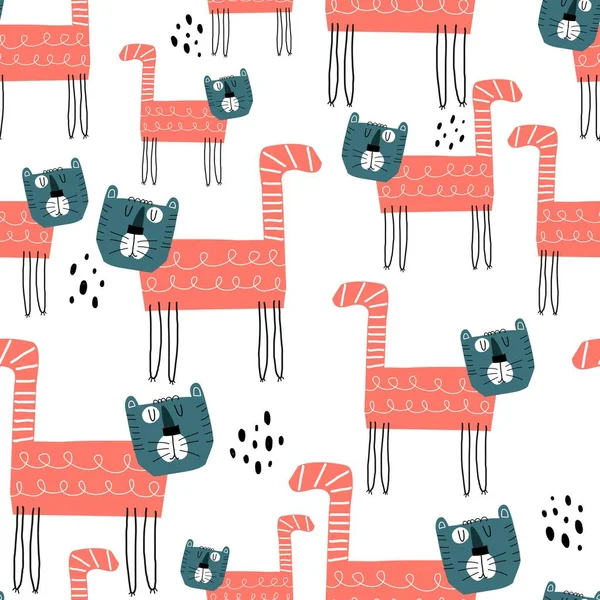 Nahtloses Muster Mit Cartoon Katzen Dekorelementen Bunter Vektor Für Kinder — Stockvektor