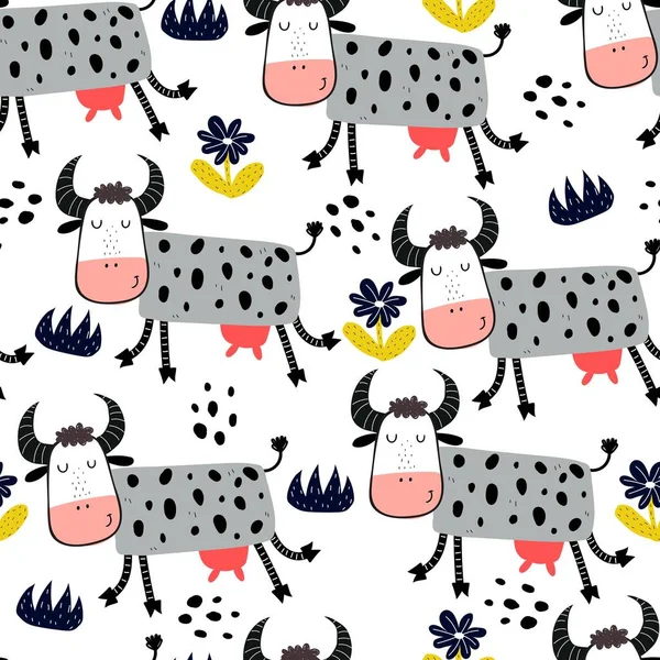Seamless pattern with cartoon cows, decor elements. Flat colorful vector for kids. hand drawing. animals. baby design for fabric, textile, wrapper, print.