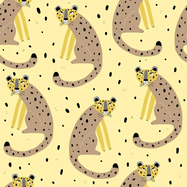 Nahtloses Muster Mit Cartoon Leoparden Dekorelemente Auf Neutralem Hintergrund Bunter — Stockvektor