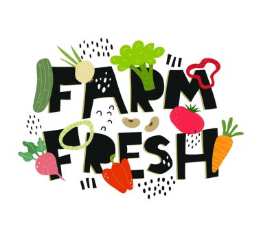 Çiftlik kağıtları, sebzeler, dekoratif unsurlar. Eko ürünler konsept satın alıyor. Doğal ve organik yiyecekler. Renkli vektör düz stil çizimi. Kartlar için dizayn, baskı, posterler, logo, kapak