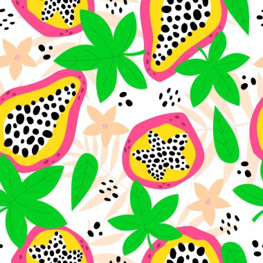Papayalı, yapraklı, dekorlu karikatürlü kusursuz desen. Renkli vektör. El çizimi, düz stil. kumaş, baskı, tekstil, ambalaj için tasarım