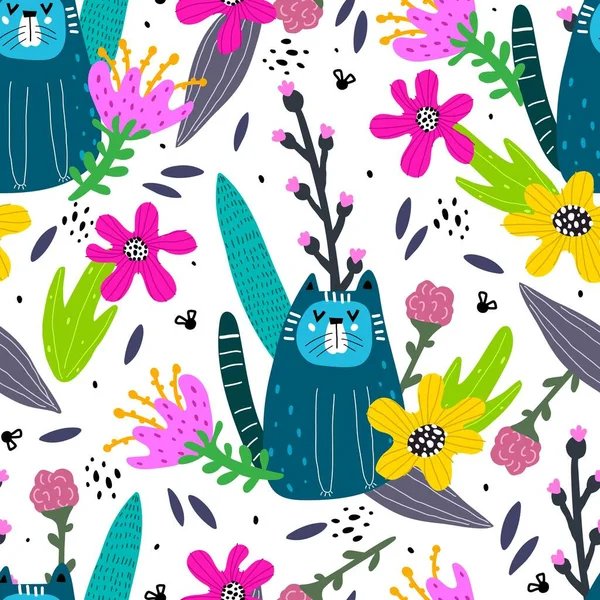 Modèle Sans Couture Avec Des Chats Dessin Animé Fleurs Vecteur — Image vectorielle