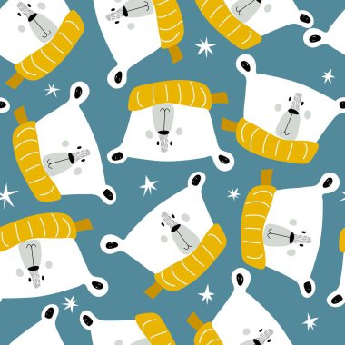 Çizgi filmdeki ayılarla kusursuz desen, tarafsız bir arkaplanda dekor unsurları. Çocuklar için renkli vektör düzlüğü. El çizimi. bebek tasarımı kumaş, baskı, ambalaj, tekstil