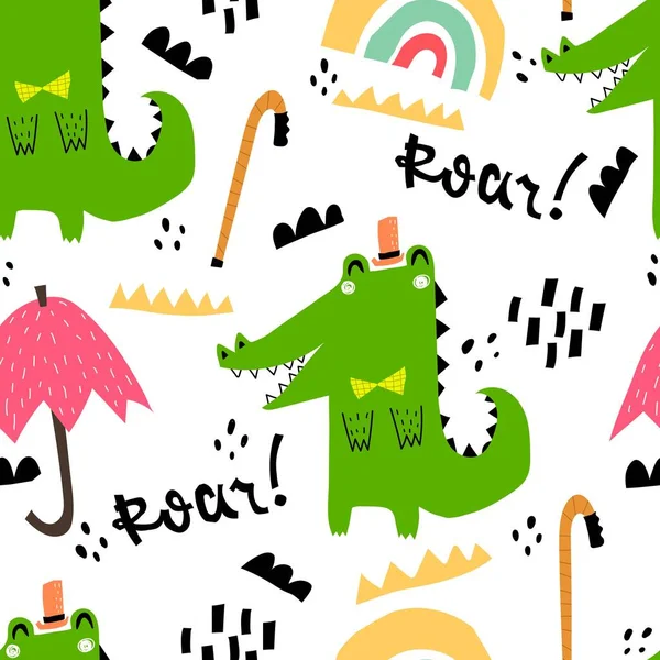 Seamless Pattern Cartoon Crocodiles Rainbows Decor Elements Colorful Vector Kids Stock Vector