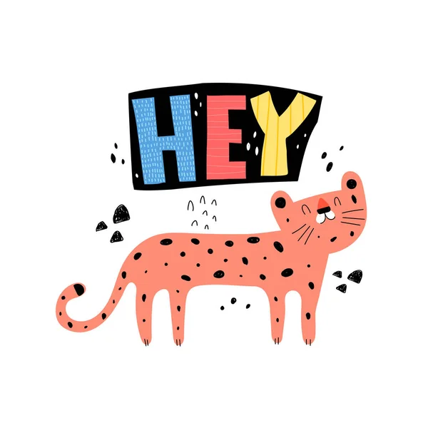 Leopardo Dos Desenhos Animados Desenho Mão Lettering Elementos Decorativos Ilustração — Vetor de Stock