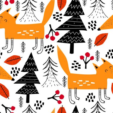 Çizgi filmlerdeki tilkiler, ağaçlar, dekor elementleriyle kusursuz desen. Çocuklar için renkli bir vektör, düz stil. El çizimi. Hayvanları. Kumaş, tekstil, baskı ve ambalaj için bebek tasarımı.