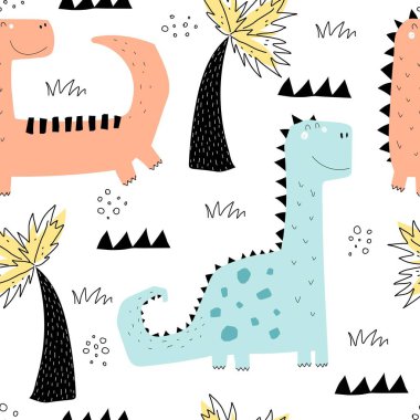 Çizgi film dinozorları ve dekor elementleriyle kusursuz desen. Çocuklar için renkli düz vektör tarzı. Hayvanlar. El çizimi. bebek tasarımı kumaş, baskı, ambalaj, tekstil