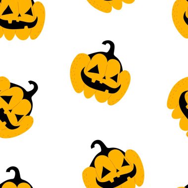 Çizgi film balkabaklarıyla kusursuz Cadılar Bayramı deseni. Renkli vektör düz stili. Tatil teması. El çizimi. Kumaş, baskı, ambalaj, tekstil tasarımı