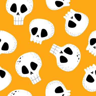 Tarafsız bir arka planda karikatür kafatasları olan kusursuz bir cadılar bayramı deseni. Renkli vektör düz stili. Tatil teması. El çizimi. Kumaş, baskı, ambalaj, tekstil tasarımı