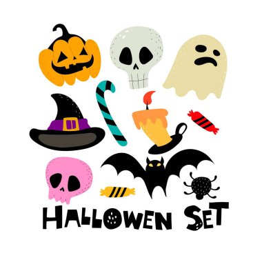 Çizgi film, Cadılar Bayramı seti, el çizimi harfleri. Renkli vektör çizimi, düz stil. Kartlar için dizayn, yazdırma, poster