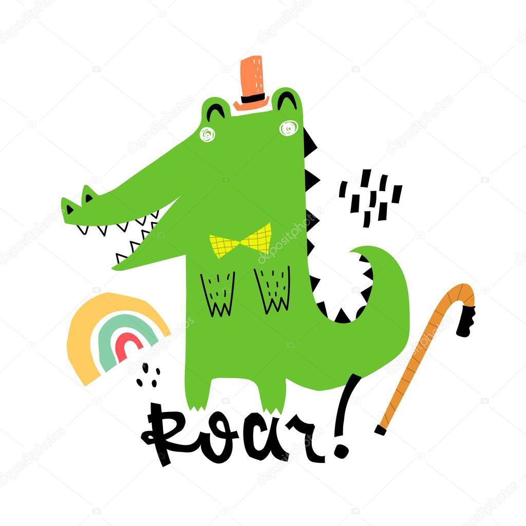 Cartoon crocodile, hand drawing lettering,  decorative elements. colorful vector illustration for kids, flat style. baby design for cards, print, posters, logo, cover