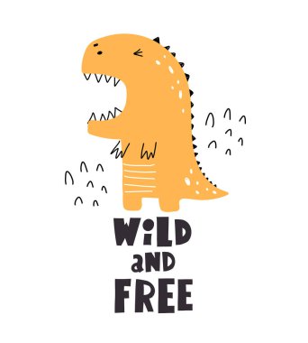 Karikatür dinozoru, el çizimi harfleri, dekoratif elementler. Düz stil, çocuklar için renkli vektör. Kartlar için bebek tasarımı, poster dekorasyonu, tişört baskısı