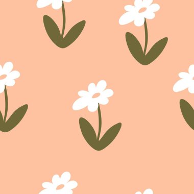 Tarafsız bir arkaplanda karikatür çiçekleri olan kusursuz bir desen. Renkli vektör, el çizimi. kumaş, baskı, tekstil, ambalaj için tasarım