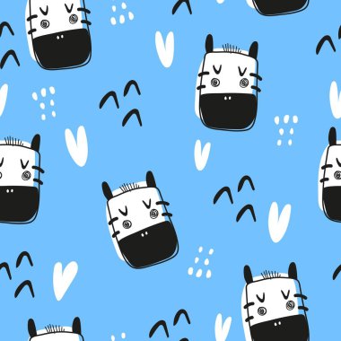 Çizgi film zebraları ve tarafsız bir arka planda dekor unsurları olan kusursuz desenler. Çocuklar için renkli bir vektör. Hayvanlar. El çizimi, düz stil. bebek tasarımı kumaş, baskı, tekstil, ambalaj