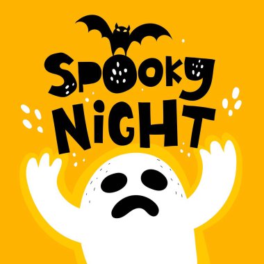 Ürkütücü bir gece. Çizgi film hayaleti, yarasa, tarafsız bir arkaplanda el çizimi harfleri. Cadılar Bayramı. Renkli vektör çizimi, düz stil. Kartlar için dizayn, yazdırma, poster