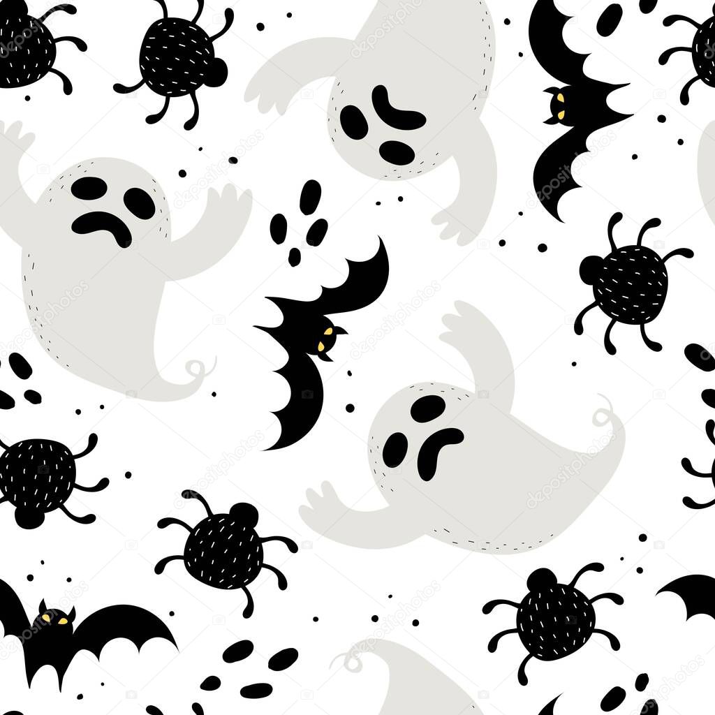 Halloween seamless pattern with cartoon ghost, bat, spider. Colorful vector flat style. holiday theme. hand drawing. design for fabric, print, wrapper, textile