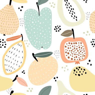 Çizgi film meyveleri ve dekor elementleriyle kusursuz desen. Vektör. El çizimi. Kumaş, baskı, ambalaj, tekstil tasarımı