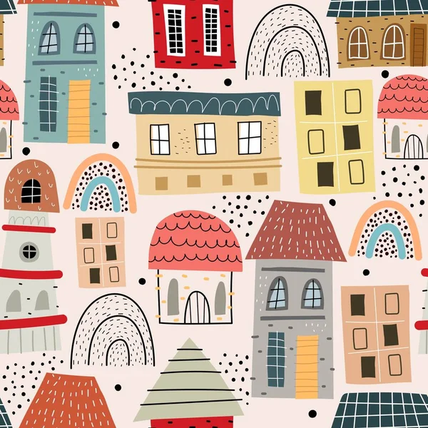 seamless pattern with cartoon houses, rainbows, decor elements on a neutral background. colorful vector for kids, flat style. Baby design for fabric, textile, print, wrapper.