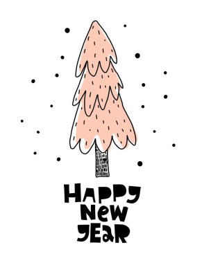 Mutlu yıllar. Karikatür Noel ağacı, el çizimi harfleri, dekor elementleri. Tatil teması. Renkli vektör çizimi, düz stil. Tebrik kartları, yazdırma, poster tasarımı