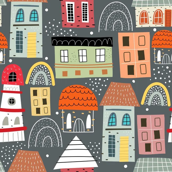 seamless pattern with cartoon houses, rainbows, decor elements on a neutral background. colorful vector for kids, flat style. Baby design for fabric, textile, print, wrapper.