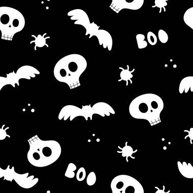 Çizgi filmlerdeki kafatasları, yarasalar, tarafsız bir arkaplanda örümcek desenleri. Renkli vektör düz stili. Tatil teması. El çizimi. Kumaş, baskı, ambalaj, tekstil tasarımı