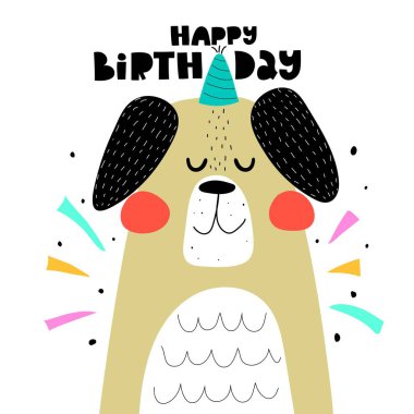 İyi ki doğdun Çizgi film köpeği, el çizimi harfleri, dekoratif unsurlar. Renkli tatil vektör çizimi, düz stil. Tebrik kartları, baskılar, posterler için tasarım