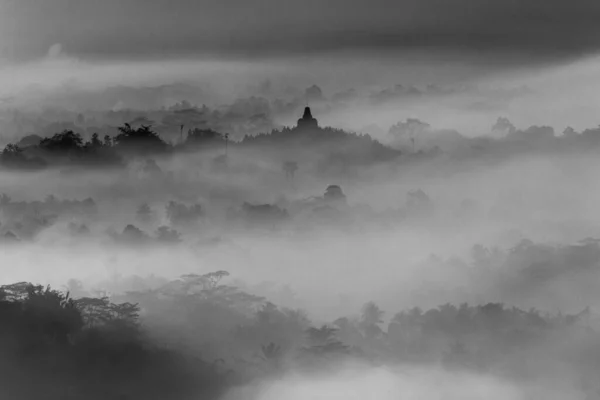 Silhouette Des Borobudur Tempels Umgeben Von Nebel Und Wald Schwarz — Stockfoto