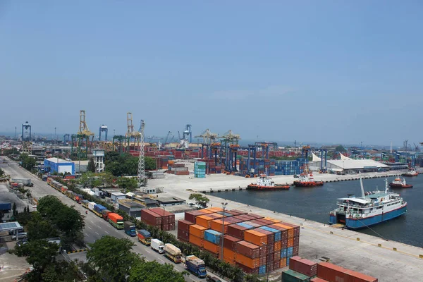 Top View Industrial Harbor Cranes Shipping Containers Large Ships Waiting — Stock Photo, Image