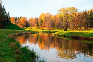 Pavlovsk Park Slavyanka Nehri'nin kıyısında. Sonbahar manzara.