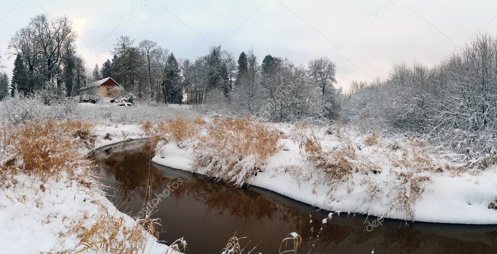 The first snow on the Bank of the Lubya river .Winter landscape. Russia, Leningrad region. Priyutino.