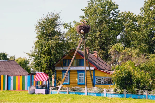 Cegonhas sentam-se em um ninho em um poste perto de uma casa colorida com um poço  . — Fotografia de Stock