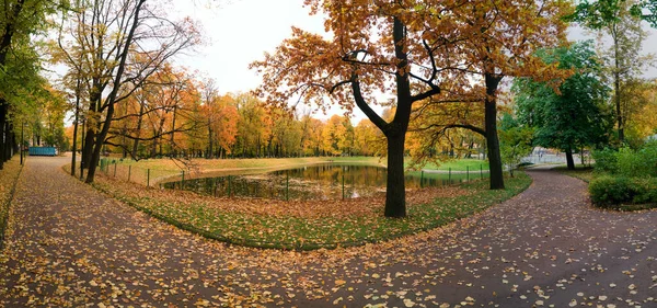 Los senderos del embalse y del parque cubiertos con hojas caídas en el parque Mikhailovsky. Paisaje otoñal, San Petersburgo. Panorama . —  Fotos de Stock