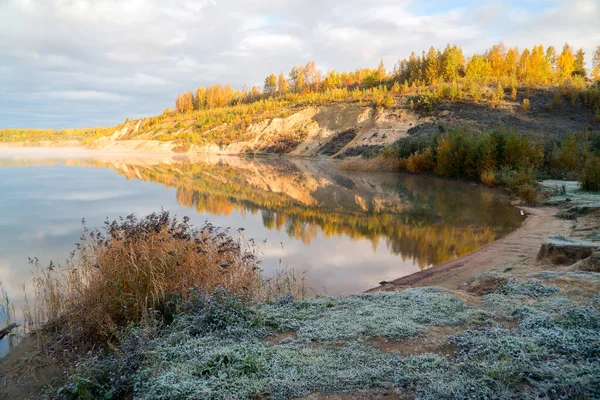 La hierba está cubierta de heladas en la orilla del lago temprano en la mañana . — Foto de Stock