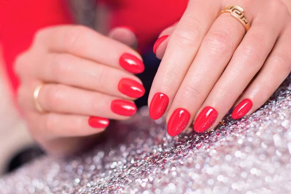 Close View Beautiful Female Hands Luxury Manicure Nails Red Gel — Stock Photo, Image