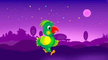 Animasyon, gece, küçük yeşil bir papağan yolda yürüyor.
